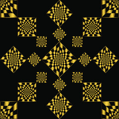 Seamless pattern, ornament with abstract bronze op art squares on a black background, modern concept for your design.