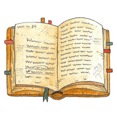 Watercolor vintage, antique opened book with notes, remarks and bookmarks sticker. Education, learning yellow book. High quality illustration isolated on white background