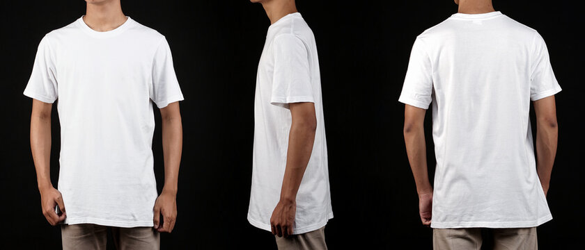 white t-shirt Front and back, mock up templates for Premium Photo print designs. model photoshoot in the studio using a black background.