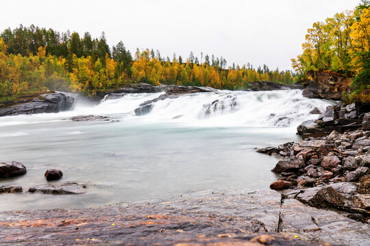 Bardufoss waterfall located in Tamok Valley, Troms og Finnmark region, Norway