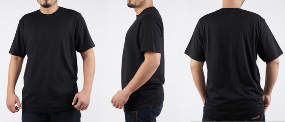 Young male in blank black t-shirt, front and back view, isolated white background with clipping...