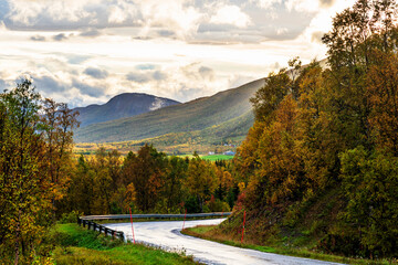 Tamok Valley (Tamokdalen) in northern Norway on an early autumn in a cloudy day.