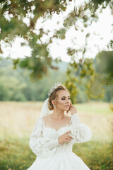 Fototapeta na wymiar Gorgeous beauty young bride portrait outdoor. Beautiful bride with wedding makeup and jewelry