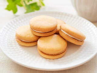 白い皿の上のクリームサンドクッキー