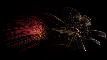 Two abstract firework bursts created using intentional camera movement, one is red streaks and the has golden white streaks with small dots