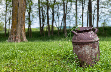 rusted kettle in yard farmhouse
