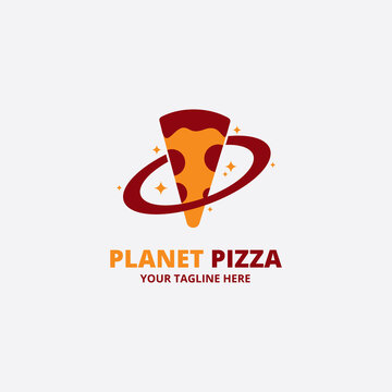 Planet Pizza Logo Design Template.  Illustration Vector Graphic Of  Concept Symbol Planets And Pizza. Perfect For Fastfood Restaurant Logo. Corporate Brand Identity. Culinary. Food Truck. Cafe.