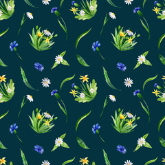 Fototapeta na wymiar Watercolor seamless pattern with hand-drawn wildflowers and leaves. Chamomiles, knapweeds ,yellow petals on dark background. Perfect for textile, fabrics, wrapping paper, wallpaper, linens, cards.