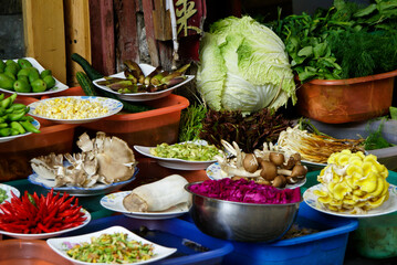Fresh vegetables available as ingredients at a local restaurant, Dali, Yunnan Province, China