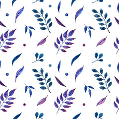 Watercolor seamless pattern with hand-drawn colored leaves, branches and dots. Perfect for textile, fabrics, wrapping paper, wallpaper, linens and cards.