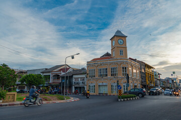 Phuket,Thailand-June,26,2020:the architectural style in Phuket city was built in Chino portuguese style..clock tower is a landmark of Phuket city.