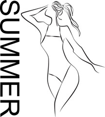 Continuous Line Drawing of Portrait of Woman with swimwear and beach hat. One Line Abstract. Minimalist drawing for Summer Holiday. Vector.