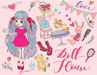 Digitally hand drawn illustration of a cute girl in color. Doll house sticker collection. Fashion doll and toys clipart. Hand lettering calligraphy