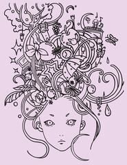 Dreamy girl abstract vector line illustration