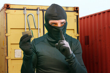 thief at work - criminal man in black covered with balaclava mask holding unlocked padlock at...