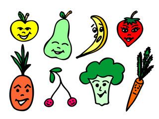 Color set of fruits, vegetables and berries, vector illustration