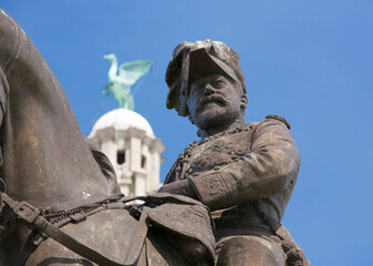 Liverpool, UK, 24th June 2014, King Edward VII Monument and statue outside the Royal Liver Building...