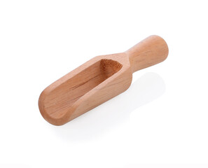 wood spoon and wood bowl on white background.top view
