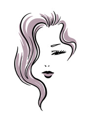 Abstract logo of a stylish girl's face with purple curly hairstyle