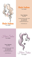 Obraz na płótnie Canvas Beauty hair salon business card template set with digitally hand drawn beautiful women face logos and typography. Long stylish wave hairstyle girls.
