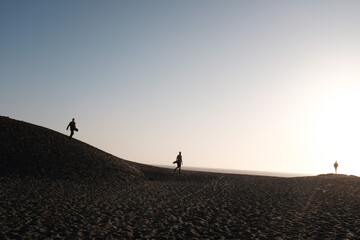 silhouette of a skaters walking on the beach