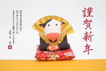 2021年　丑年の年賀状　福助の粘土人形