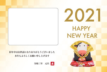 2021年　丑年の年賀状　福助の粘土人形