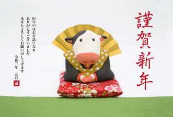 2021年　丑年の年賀状　福助の粘土人形