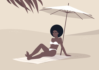 Young black woman sitting on the beach under umbrella, summertime vacation, hot tropical climate