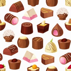 Chocolate candies seamless pattern of sweet food vector background. Truffle desserts, white, milk and dark chocolate with nut praline, caramel, cocoa powder and coffee cream, coconut and nougat