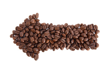 Roasted coffee beans in the shape of arrow studio shot isolated on white background, Healthy products by organic natural ingredients concept