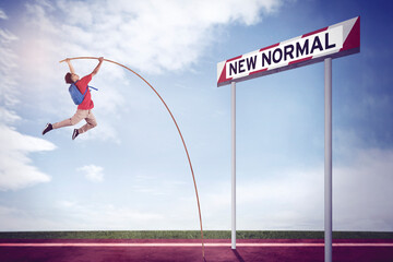 Student doing pole vault with New Normal text