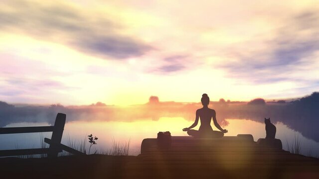 Meditation at dawn in nature and quiet lake.