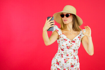 Beautiful Caucasian woman making selfie photo