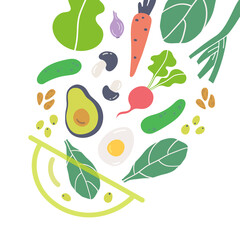 Salad bowl ingredients hand drawn illustration design.