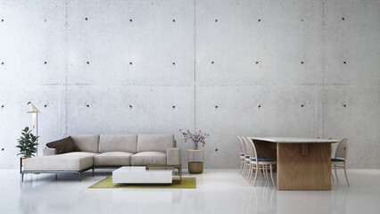 Beautiful living room and dining table  in modern home with double vanity, concrete wall, sofa, table, side table, and tile floor