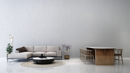 Beautiful living room and dining table  in modern home with double vanity, white stripe wall, sofa, table, side table, and tile floor