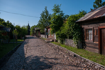 China, Heihe, July 2019: Street and houses in the Russian village Park outside the city of Heihe in the summer