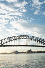SYDNEY - 4 Feb 17: Opera House and Harbor Bridge at twilight on February 17 with beautiful sunrise and big ferry..