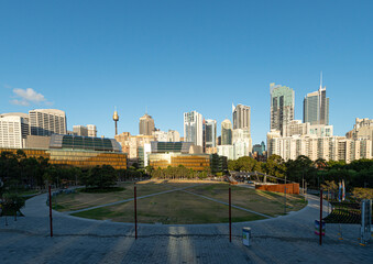 Fototapeta premium Downtown Sydney skyline in Australia with Tumbalong park