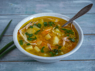 Chicken stock vegetable soup with fresh herbs. Green onion feathers