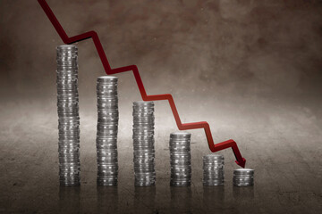 Red arrow down with a stack of coins underneath