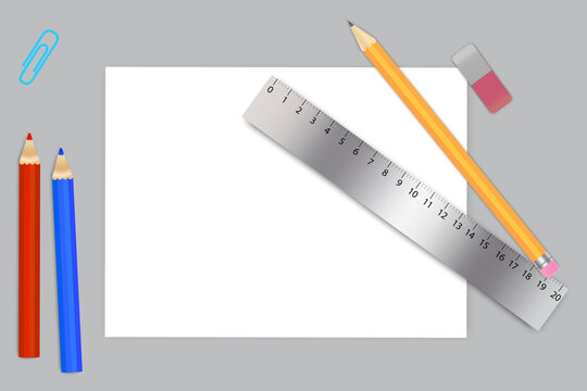 Vector image of a school set. Study items Pen ruler pencils eraser. Stationery set for office. Stock Photo.
