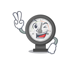 A joyful pressure gauge cartoon mascot style show two fingers pose