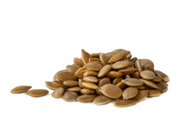 Heap of dried pumpkin seeds isolated  on white background