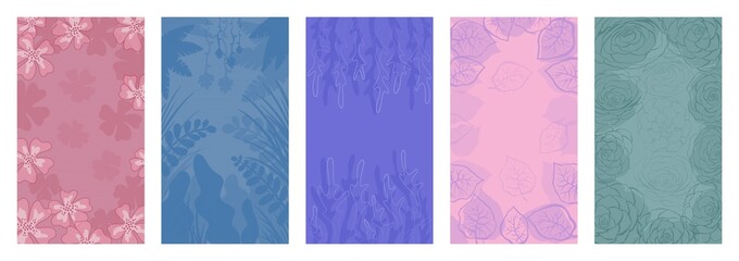 Collection of abstract background designs for smartphones. Summer theme with leaves and flowers in soft colors, advertising content in social networks. Vector illustration.
