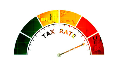 Abstract meter read high level of tax rate result. Color scale with arrow. The measuring device icon. Colorful infographic gauge element.