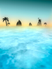 Fototapeta na wymiar Tropical coast, beach with yacht, palm trees and guard tower. View of the sea