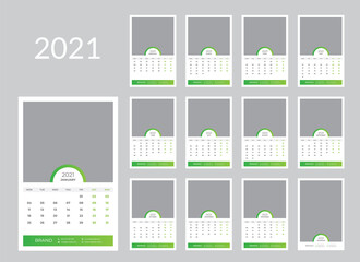 Wall calendar planner template for 2021 year. Set of 12 months. Week starts on Monday. Vector illustration