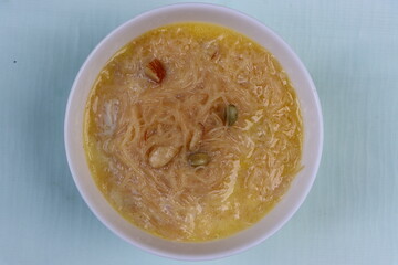 Kheer or vermicelli pudding garnished with dry fruits, festival sweet dish